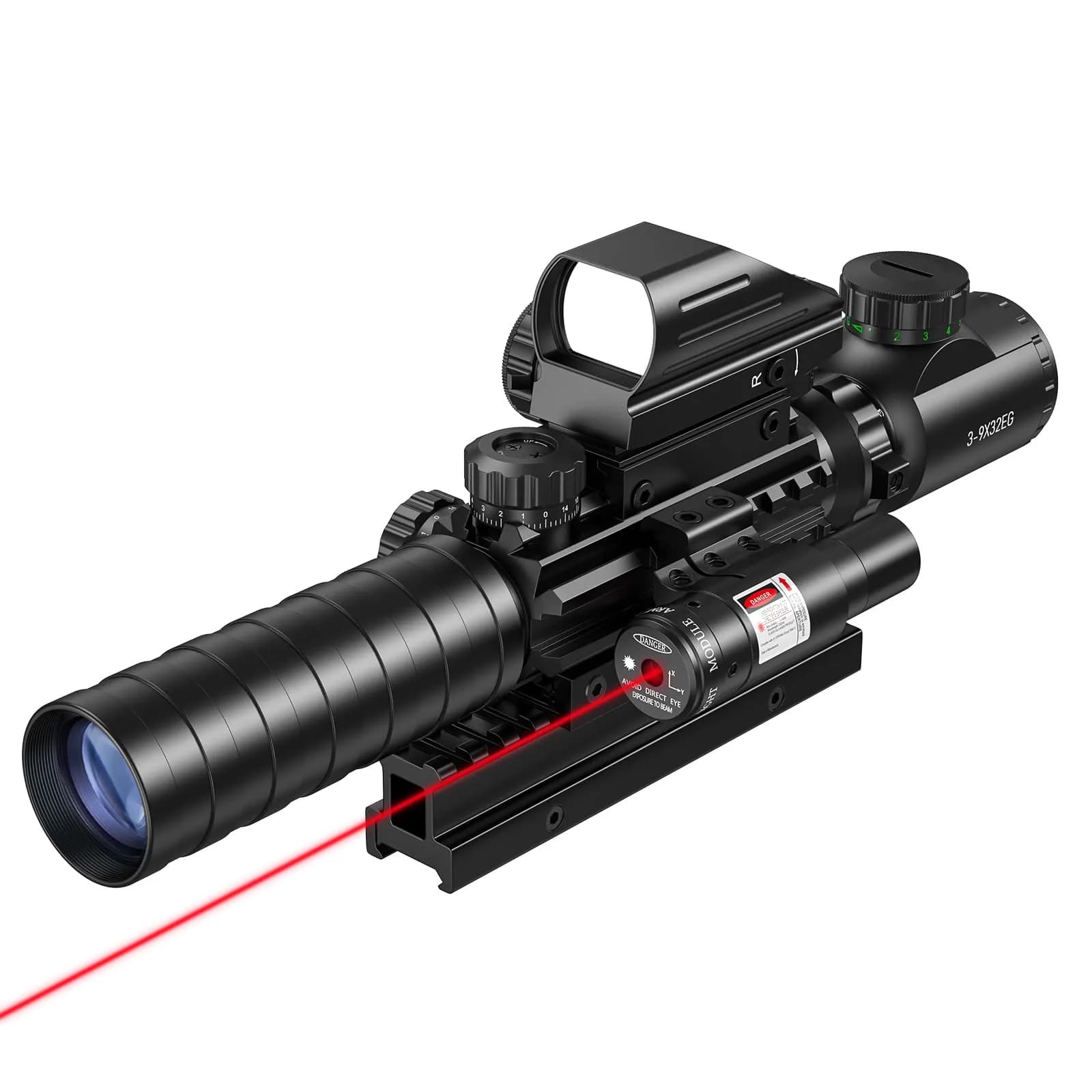 MidTen 3-9x32 5-in-1 Scope Combo with Dual Illuminated Rangefinder Reticle, Laser Sight, Red Dot, Flashlight, 20mm Mount, Green — Red