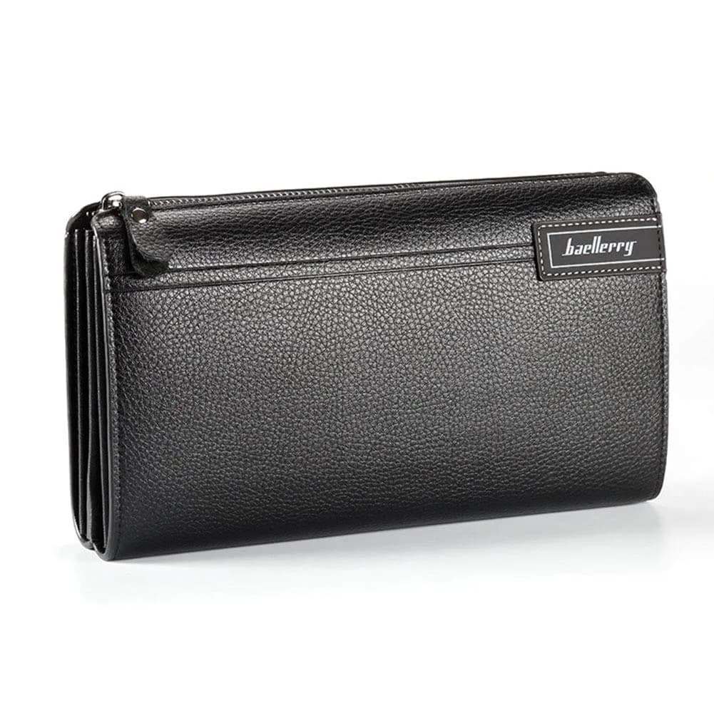 Valentoria Men's Long Leather Clutch Wallet Purse with Zipper 21cm (8.27") | Business Hand Bag for Phone, Cards & Cash — Y-black