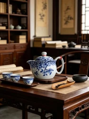 vv8oo Small Teapot 12oz Blue & White Porcelain Tea Pot with Infuser | Elegant Chinese Design for Single-Serve Tea thumbnail 2