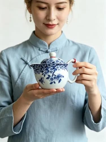 vv8oo Small Teapot 12oz Blue & White Porcelain Tea Pot with Infuser | Elegant Chinese Design for Single-Serve Tea thumbnail 3