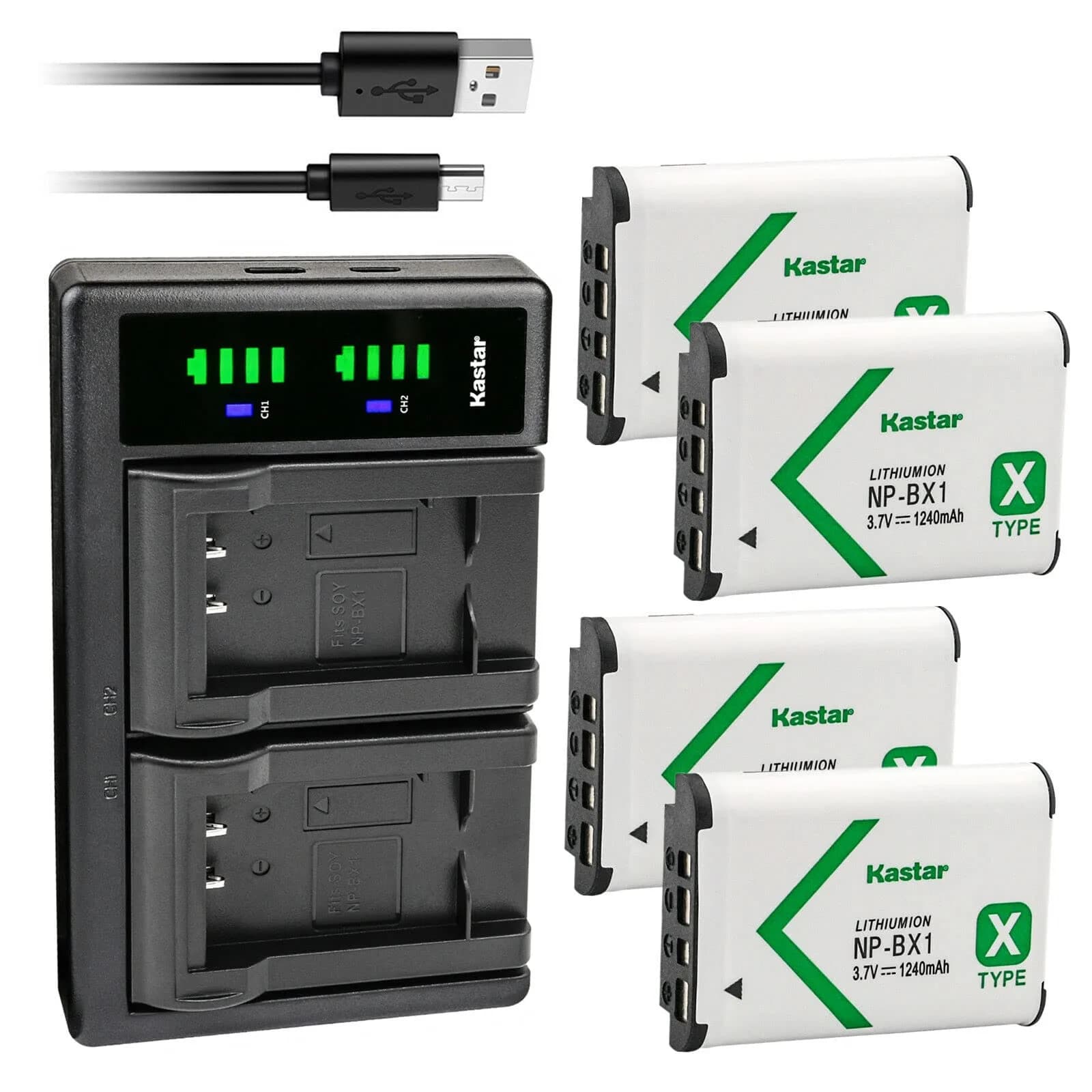 Kastar 3-Pack NP-BX1 Batteries & LTD2 USB Charger for Sony Cameras 1240mAh (3.7V) | Dual Charging, Micro-USB & Type-C Input — 1 Charger + 4 Batteries
