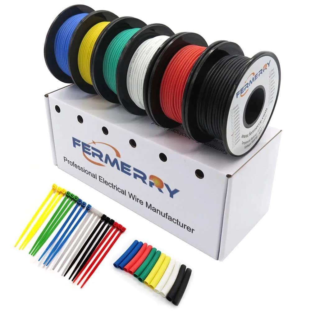 Fermerry 16 AWG Stranded Wire Spool 1.5m (5ft) Each 6 Colors | Flexible Silicone Hook-Up Wire Kit