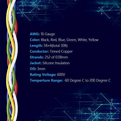 Fermerry 16 AWG Stranded Wire Spool 1.5m (5ft) Each 6 Colors | Flexible Silicone Hook-Up Wire Kit thumbnail 2
