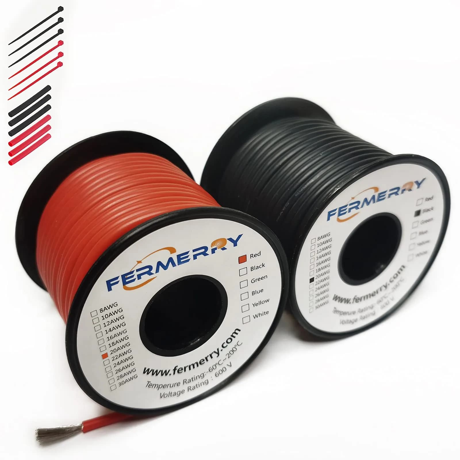 Fermerry 20 AWG Stranded Silicone Wire Spool 30.48m (100ft) Each | 600V, 200°C Rated Electrical Wire Kit