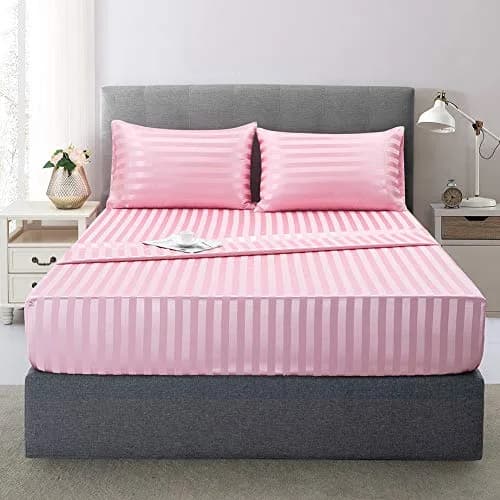 Lanest Housing Satin Sheets Queen Size Bed Sheet Set | Silky Soft, Cooling, 4-Piece Pink Striped thumbnail 1