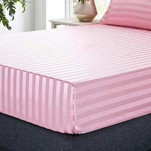 Lanest Housing Satin Sheets Queen Size Bed Sheet Set | Silky Soft, Cooling, 4-Piece Pink Striped thumbnail 4
