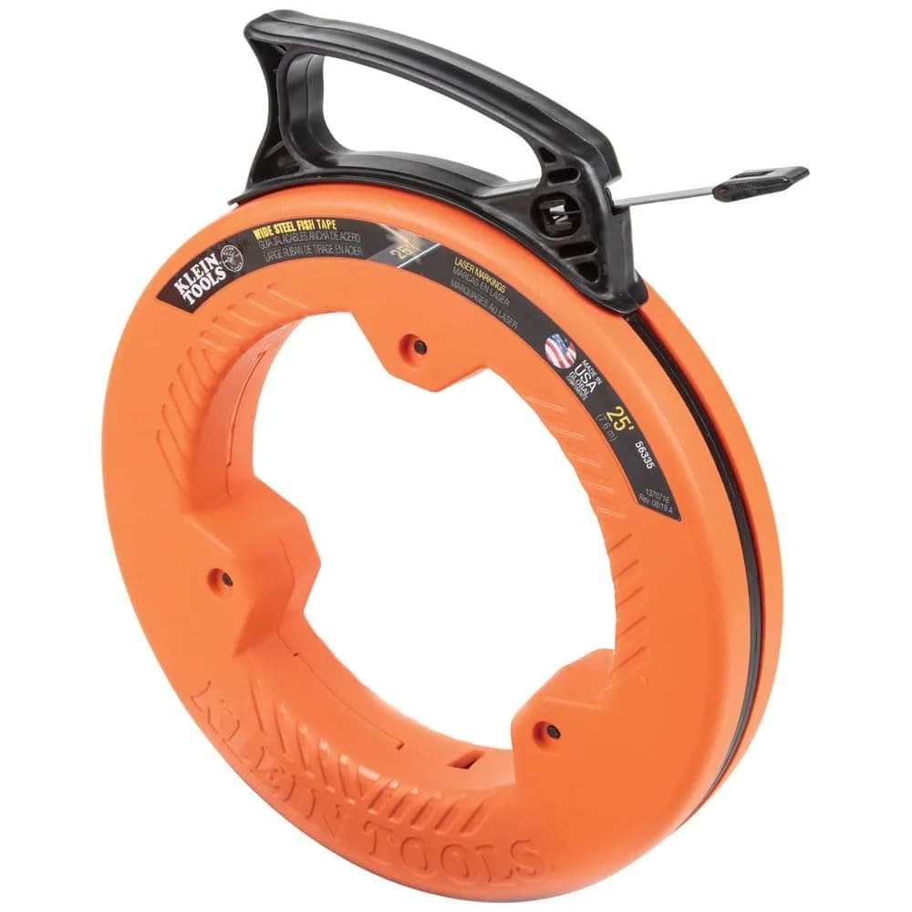 Klein Tools 25-Foot Steel Fish Tape | 7.62m (25 ft) x 6.35mm (1/4") Flat Electrical Wire Puller - main product image