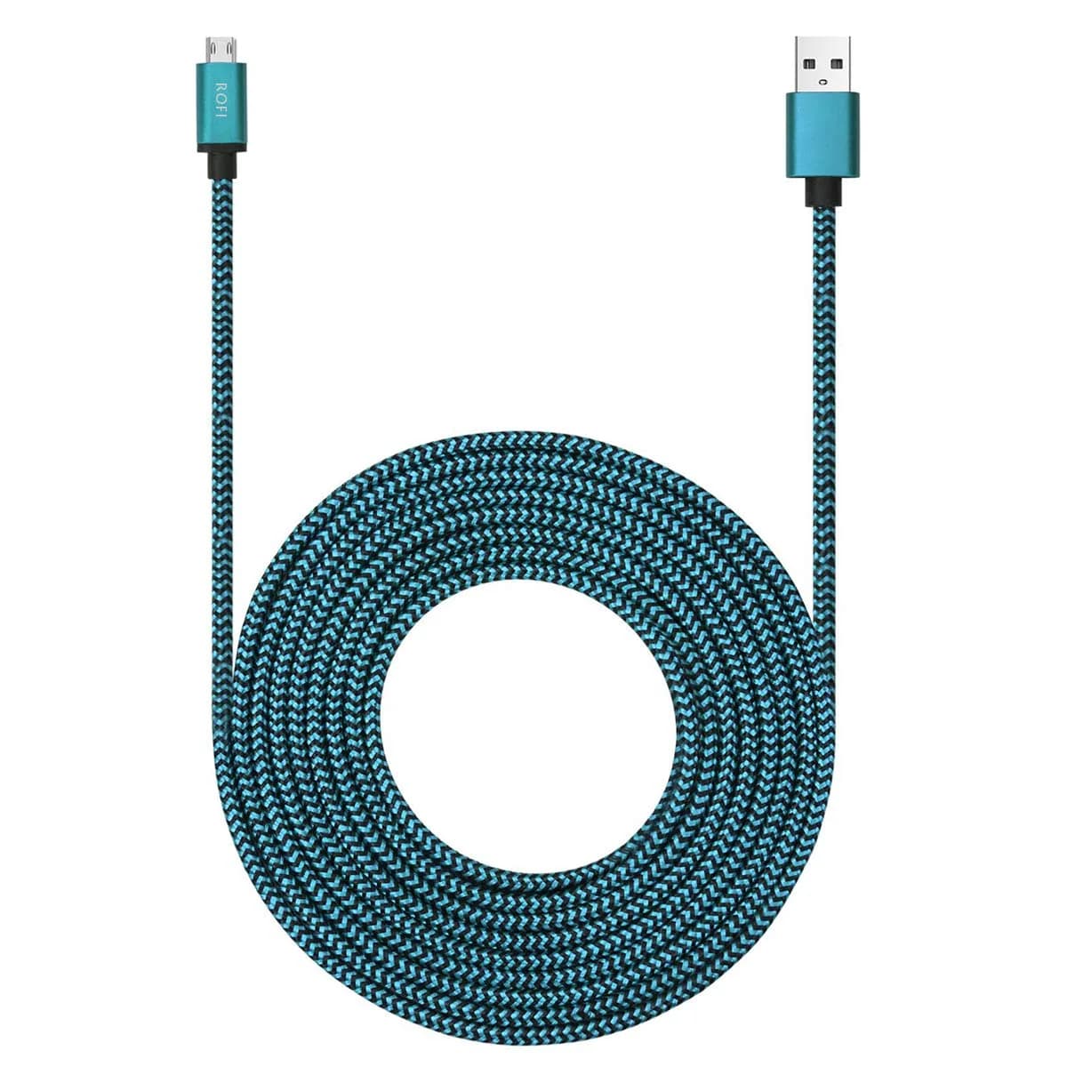 RoFI Black Micro USB Cable 4.57m (15ft) | Fast Charging 3A, Durable Nylon Braided Cord — Blue