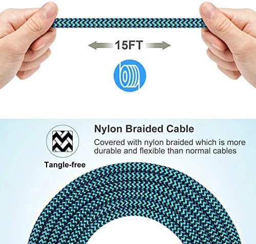 RoFI 15ft Micro USB Cable Blue | 3A Fast Charging, Durable Nylon Braided Charger Cord for Samsung, Kindle, LG, PS4, Xbox One thumbnail 3