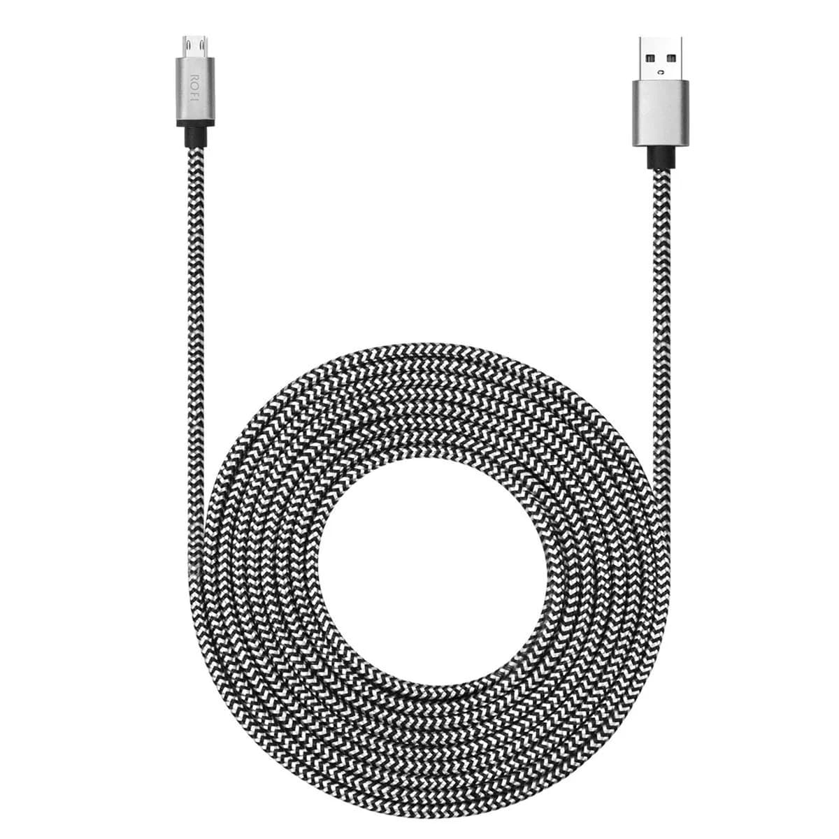 RoFI 15ft Micro USB Cable | Fast Charging 3A, Durable Nylon Braided, White - main product image
