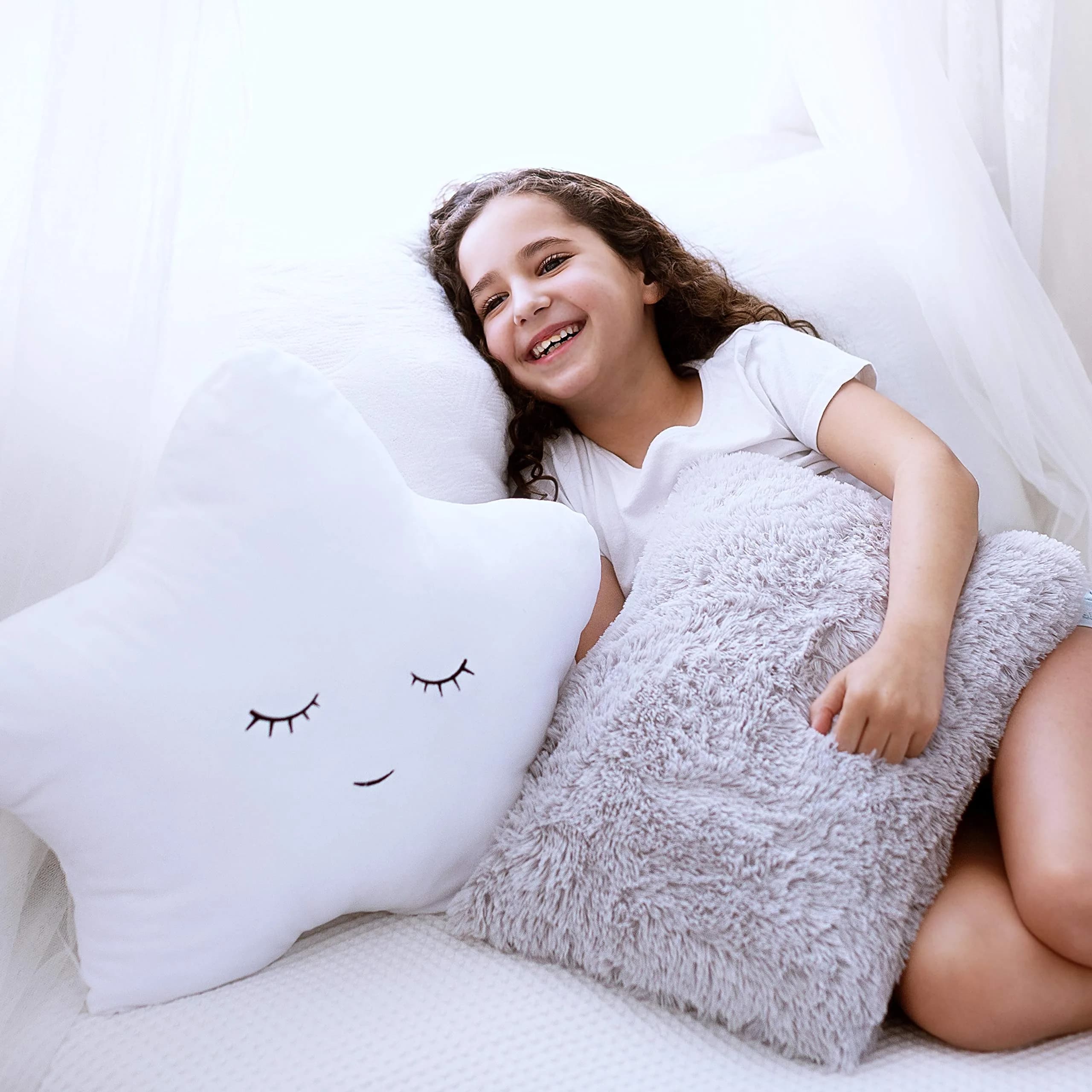 Perfectto Design Set of 2 Decorative Pillows for Girls Toddler Kids Room | White Fluffy Star & Grey Plush (Large Pack)