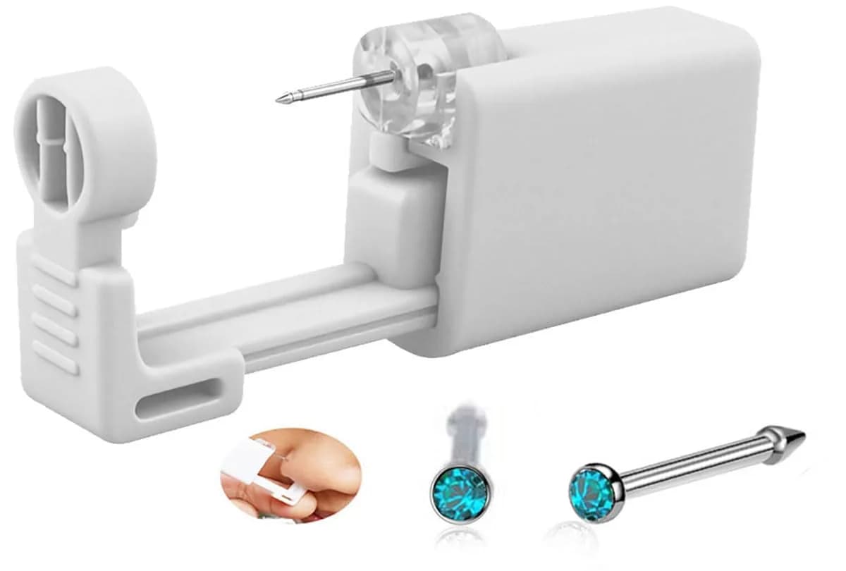 SLVIEKAE Nose Piercing Kit Tool with Cubic Zirconia Stud, White | Single-Use Self Piercing Device (1-Pack) — Blue