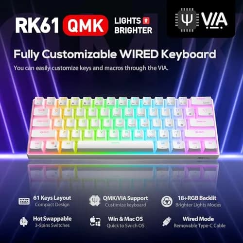 RK ROYAL KLUDGE RK61 Hot-Swappable Mechanical Keyboard | 61 Keys, RGB Backlit, White thumbnail 2