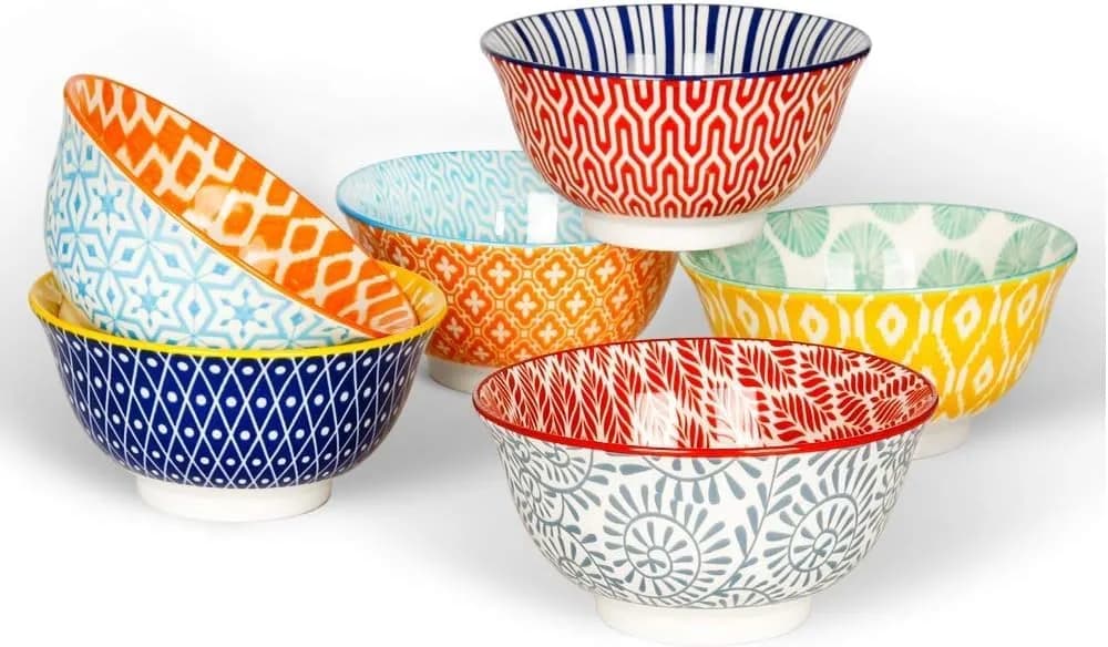 K KitchenTour Ceramic Bowls Set - 30 oz (887 ml) Geometric Mix | Set of 6 Serving Bowls for Cereal, Soup, Salad - main product image