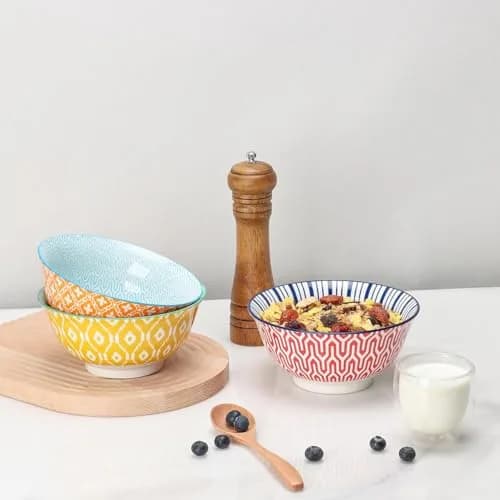 K KitchenTour Ceramic Bowls Set - 30 oz (887 ml) Geometric Mix | Set of 6 Serving Bowls for Cereal, Soup, Salad thumbnail 2