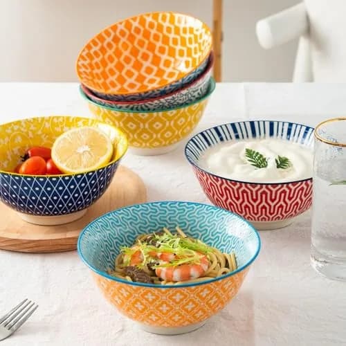 K KitchenTour Ceramic Bowls Set - 30 oz (887 ml) Geometric Mix | Set of 6 Serving Bowls for Cereal, Soup, Salad thumbnail 5
