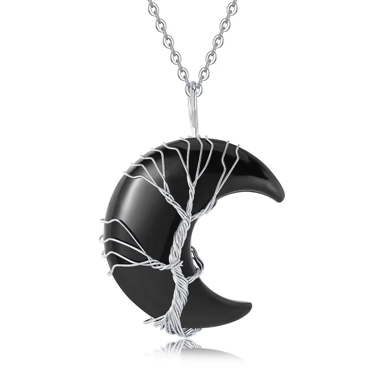 XIANNVXI Carnelian Necklace Crescent Moon Pendant 1.46" x 1.26" | Natural Crystal & Stainless Steel — Black