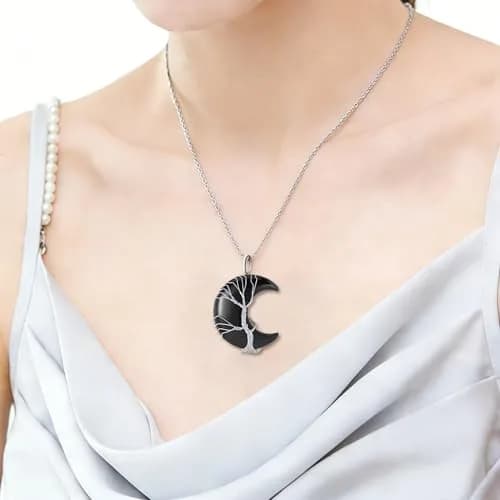 XIANNVXI Black Obsidian Necklace for Women Crescent Moon | Healing Crystal Pendant, 60cm Chain thumbnail 2