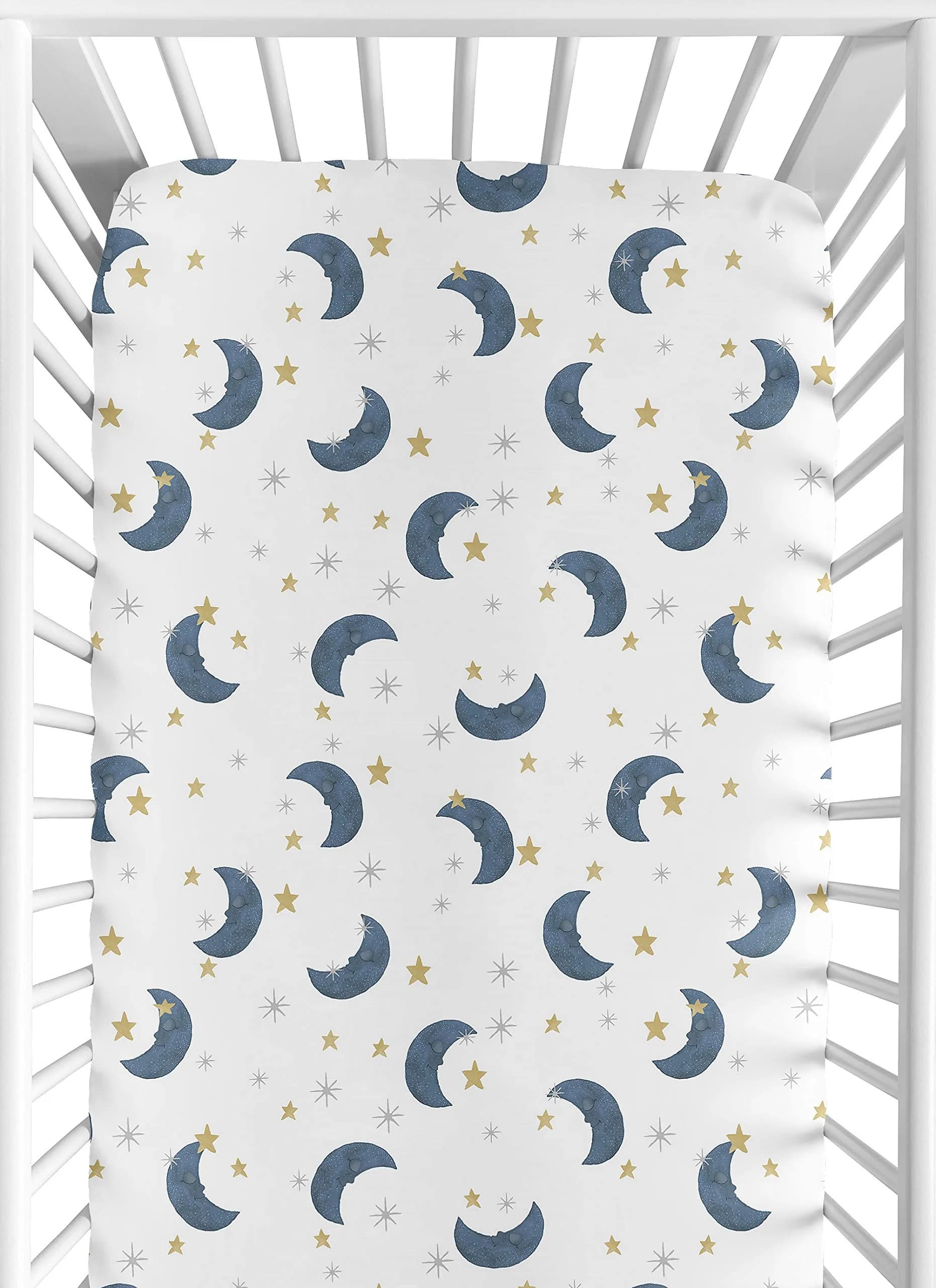 Sweet Jojo Designs Fitted Baby Crib Sheets (Moon and Star) for Boys or Girls | Watercolor, Celestial, Navy Blue & Gold Moons and Stars, Standard Size - main product image