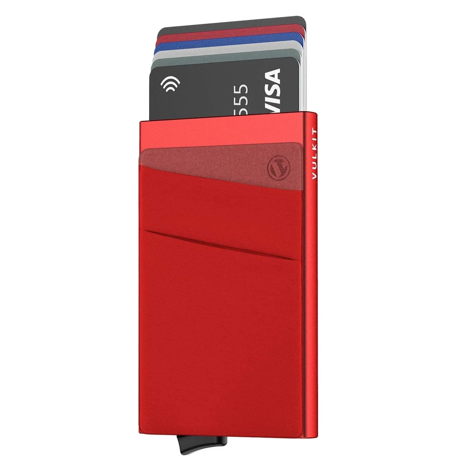 VULKIT Red Pop Up Card Holder Wallet with Money Pocket | RFID Blocking Slim Metal Bank Card Case