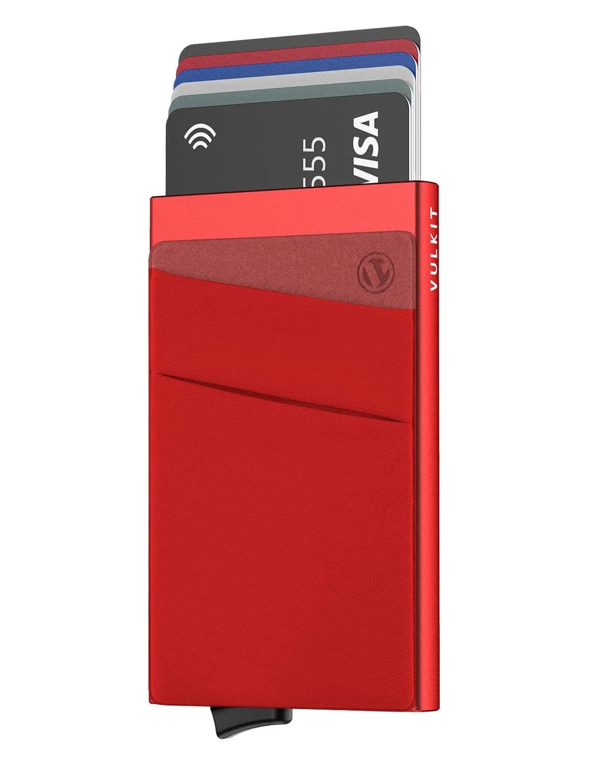 VULKIT Red Pop Up Card Holder Wallet with Money Pocket | RFID Blocking Slim Metal Bank Card Case — Red