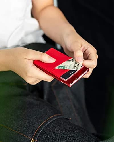 VULKIT Red Pop Up Card Holder Wallet with Money Pocket | RFID Blocking Slim Metal Bank Card Case thumbnail 4