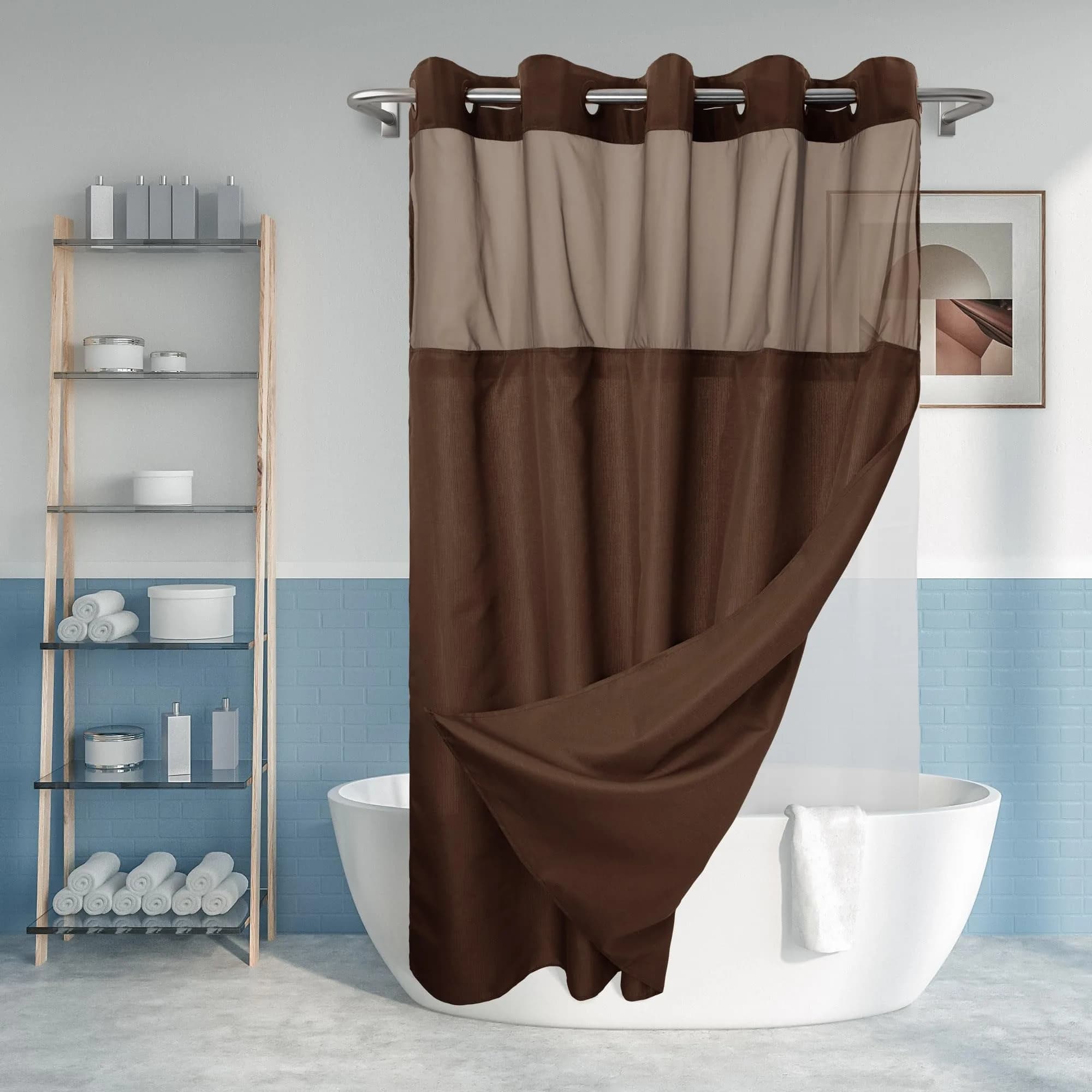 River Dream No Hook Shower Curtain with Snap-in Liner Set, White, 71x74 — Chocolate / 71"W x 74"L