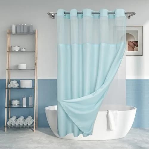 River Dream Blue Slub Textured Shower Curtain Set with Snap-in PEVA Liner & Sheer Window, 180cm x 188cm (71"W x 74"L) thumbnail 1