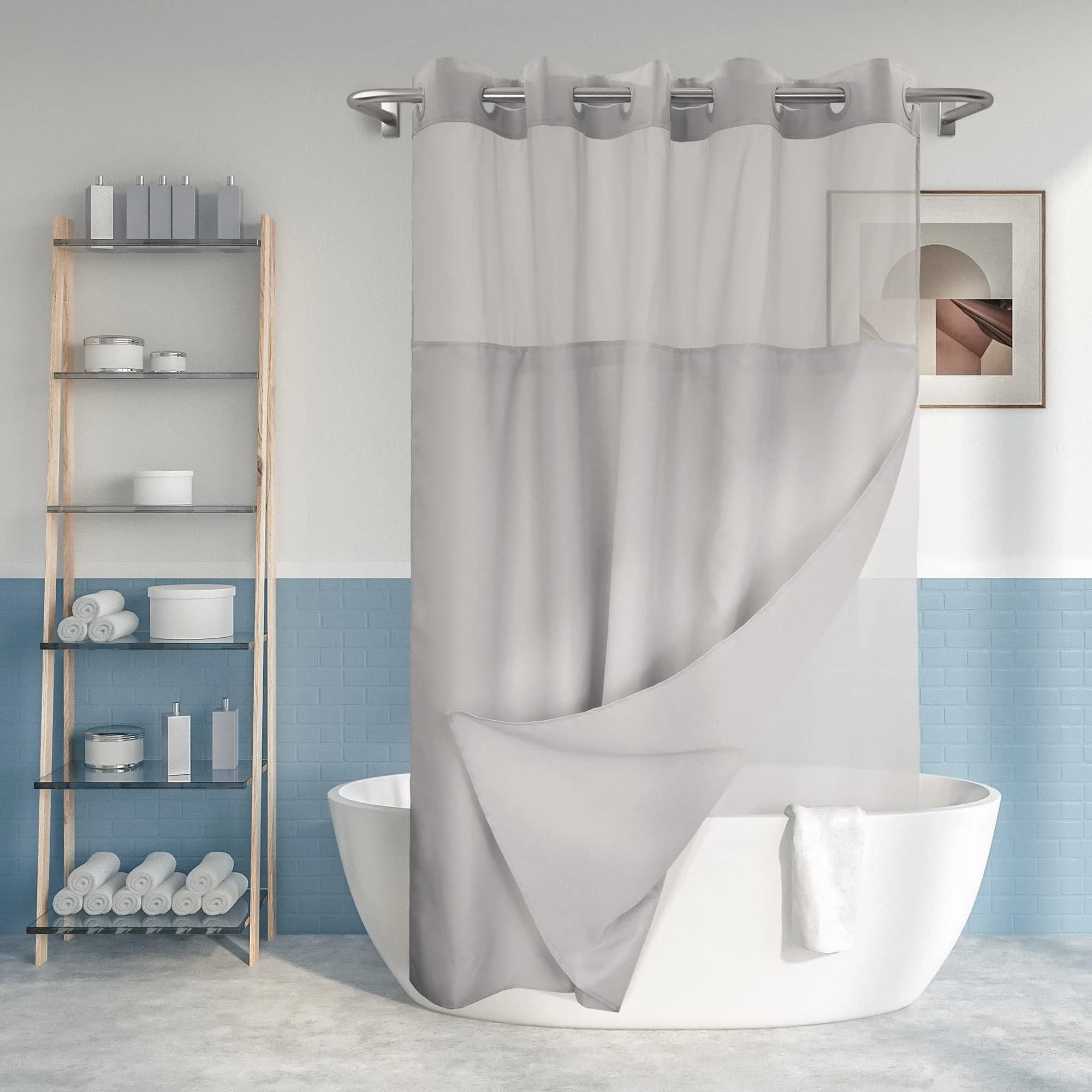 River Dream No Hook Shower Curtain with Snap-in Liner Set, White, 71x74 — Grey / 71"W x 74"L