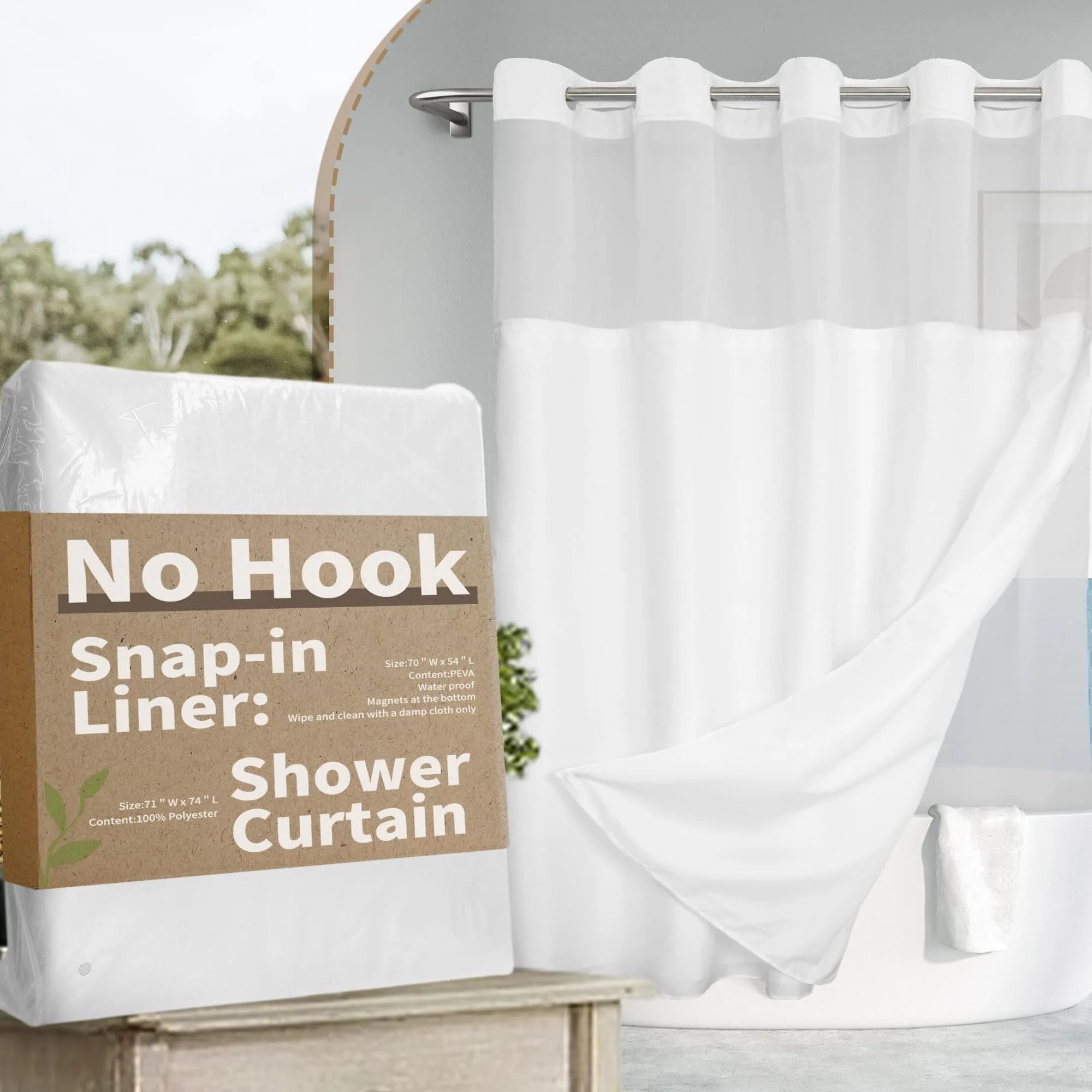 River Dream No Hook Shower Curtain with Snap-in Liner Set, White, 71x74 - main product image