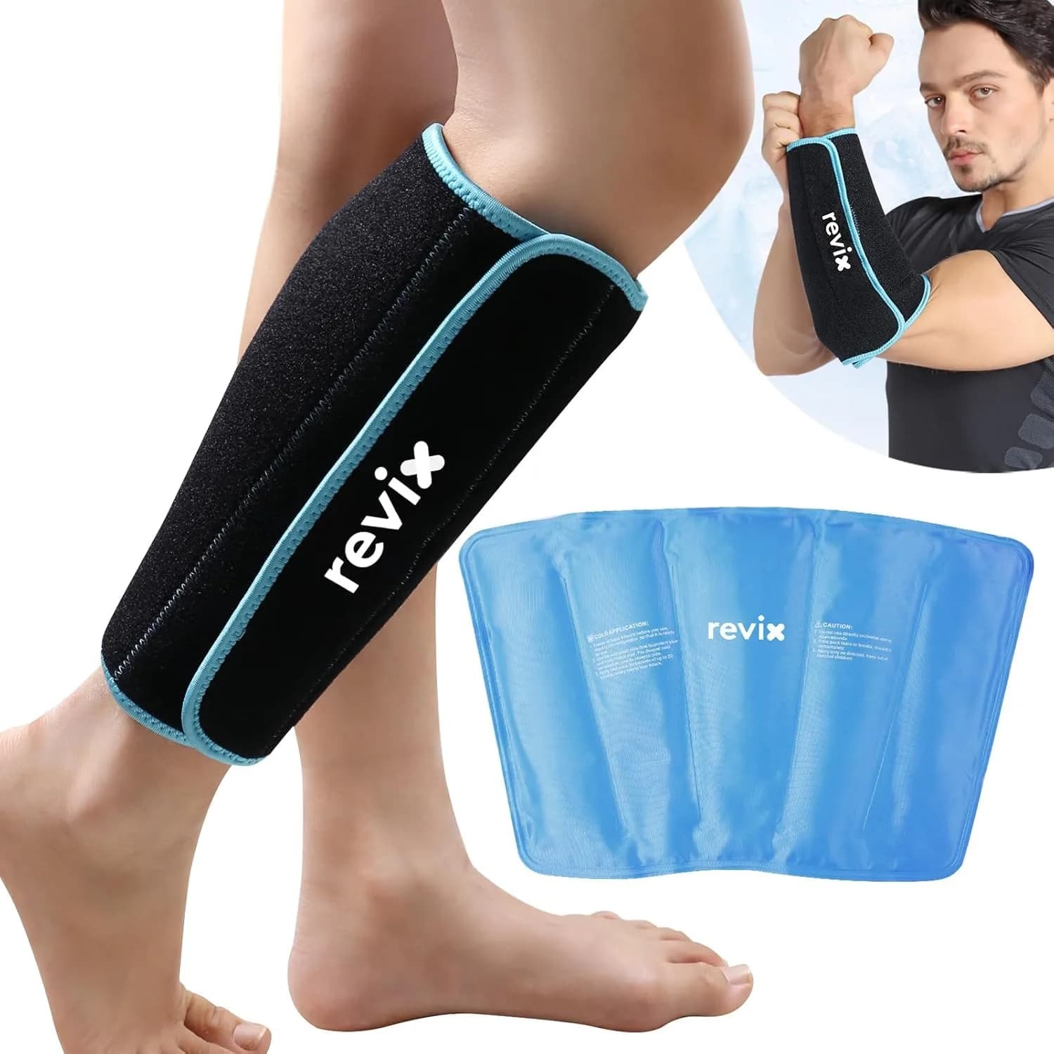 REVIX XL Shin Ice Pack Reusable Gel Cold Pack for Calf, Leg Ice Pack Wrap | Cold Therapy for Injuries & Recovery — Black-Regular Size