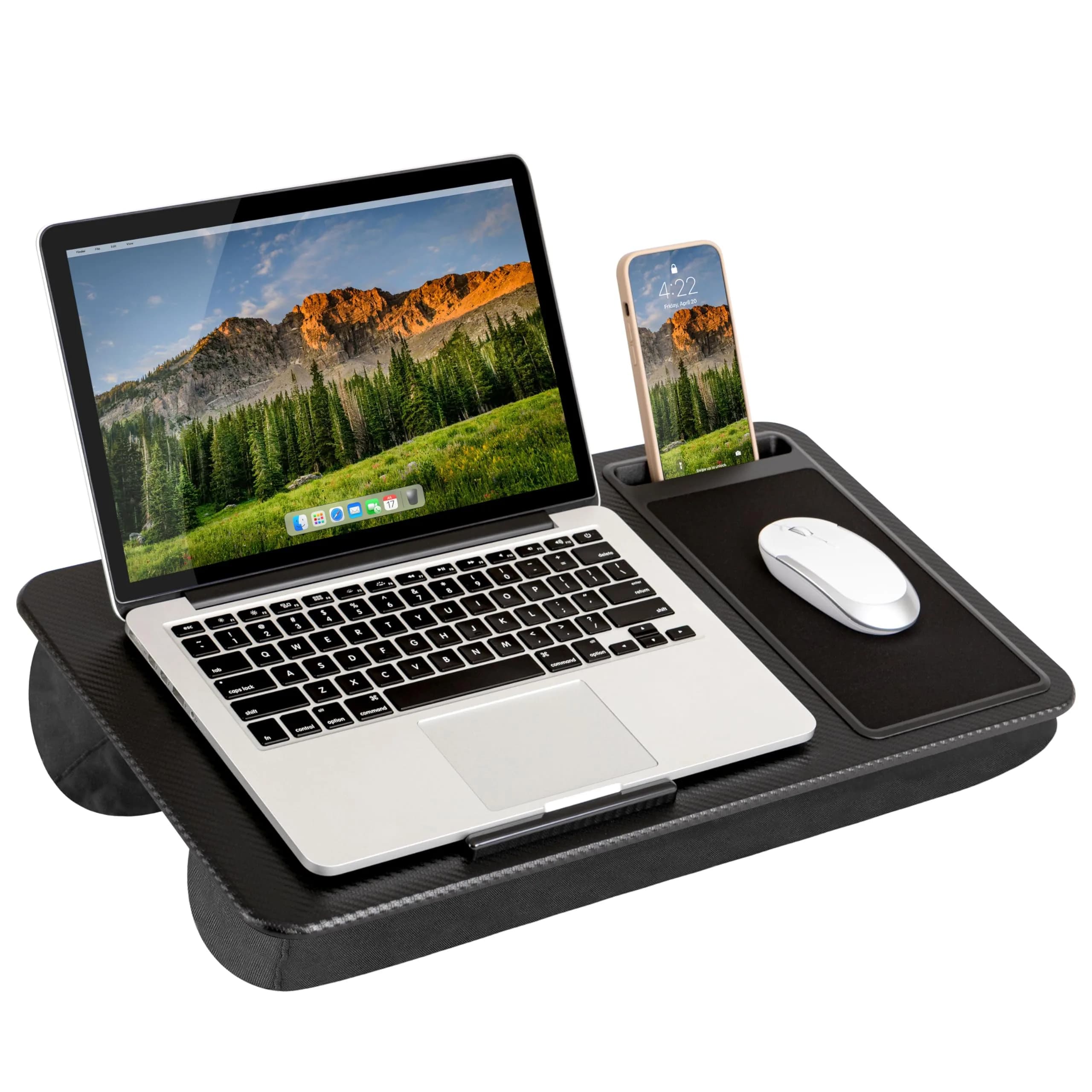 LapGear Home Office Lap Desk – Black Carbon, Fits 15.6” Laptops | Spacious 21.1"x12" Surface with Mouse Pad & Phone Slot