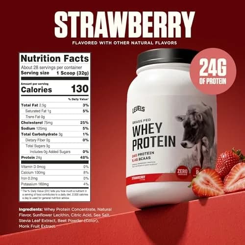 Levels Nutrition Strawberry Whey Protein Powder 907g (2lb) | 24g Protein, 5.4g BCAAs, Grass-Fed Dairy thumbnail 3