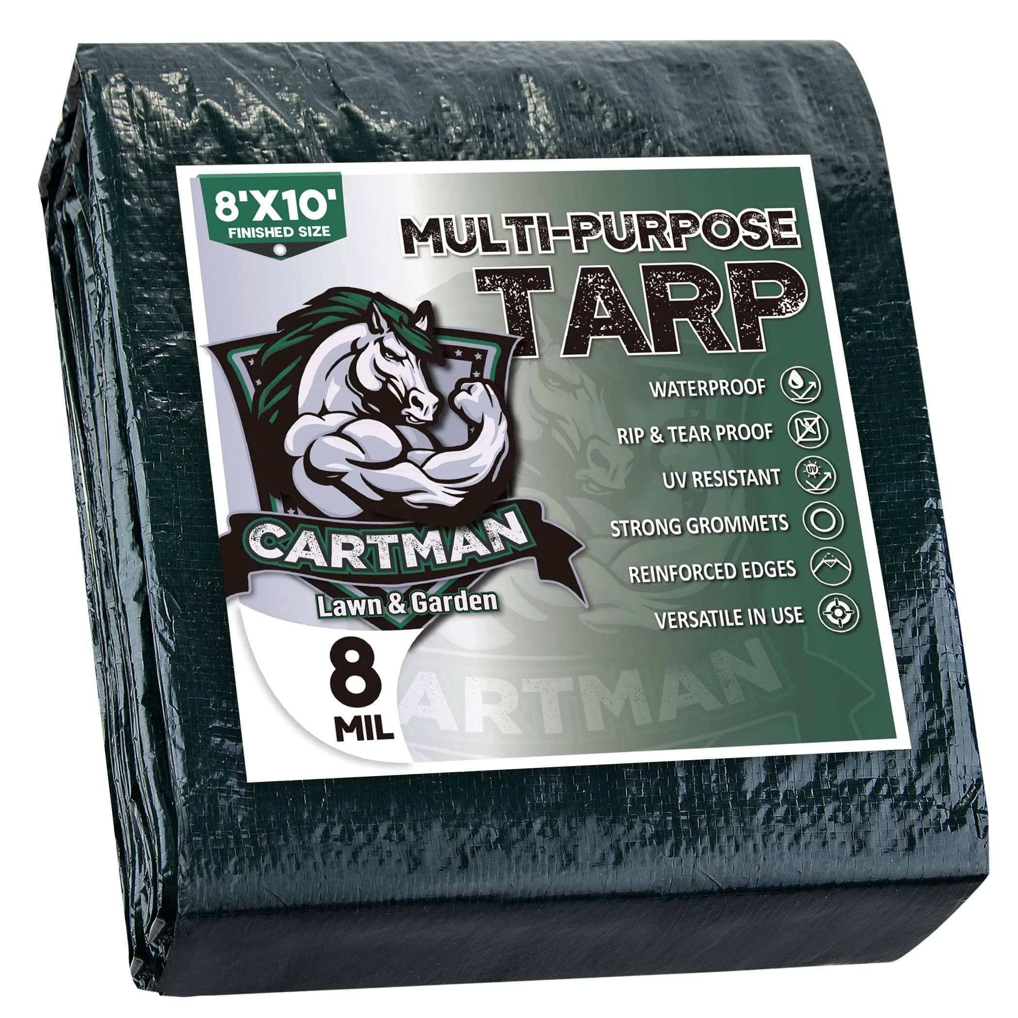 CARTMAN 8x10Ft Waterproof Poly Tarp Cover 8 Mil | Heavy Duty, Green, Outdoor Use - main product image