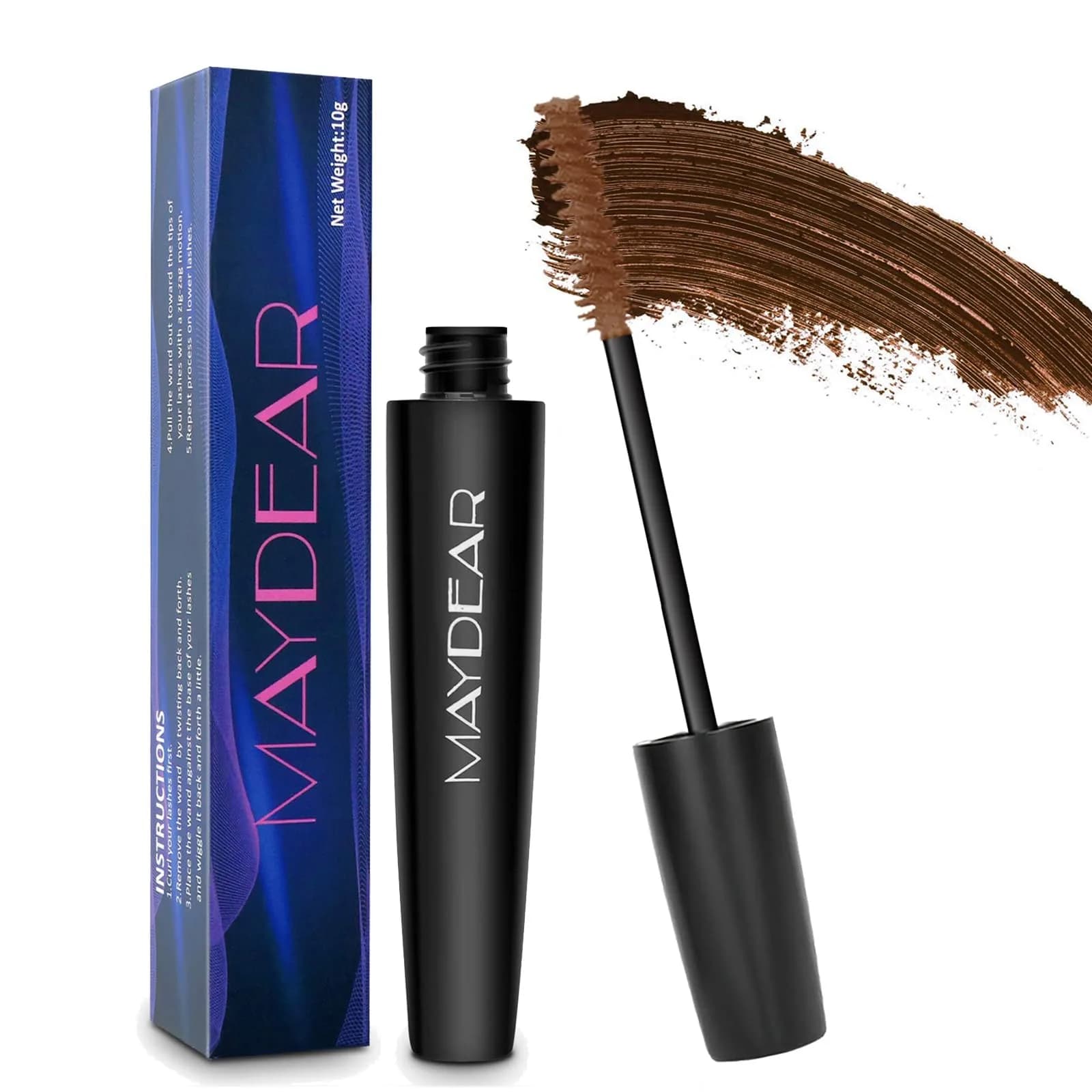 Maydear White Mascara Volumizing Curling Lengthening 10ml (0.32 Fl Oz) | Intense Definition & Long-Lasting Smudge-Proof Wear — Brown