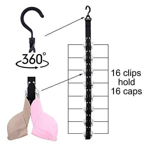 LEVOSHUA Hanging Cap Organizer with 16 Stainless Steel Clips | Black (1 Pack) thumbnail 2