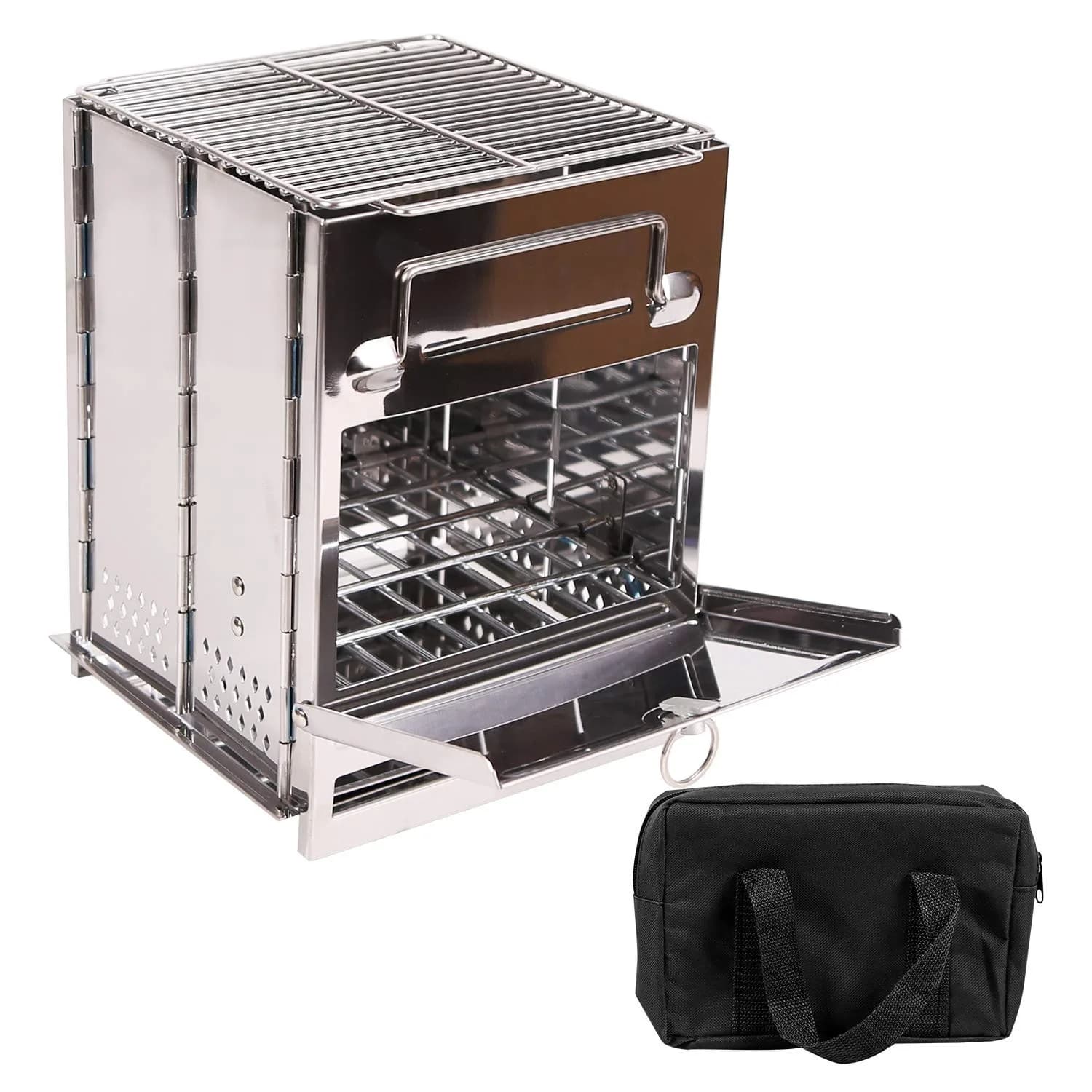 CAMPMAX Large Portable Folding Camping Wood Stove for Outdoor Cooking | Sturdy Stainless Steel, Lightweight & Foldable for Backpacking & BBQ in Silver - main product image