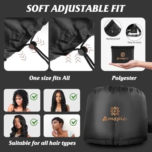 Amzpic Bonnet Hood Hair Dryer Attachment - Soft, Adjustable Extra Large Bonnet for Fast Drying & Styling (Black) thumbnail 7