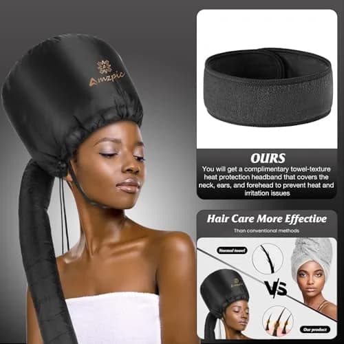 Amzpic Bonnet Hood Hair Dryer Attachment - Soft, Adjustable Extra Large Bonnet for Fast Drying & Styling (Black) thumbnail 3