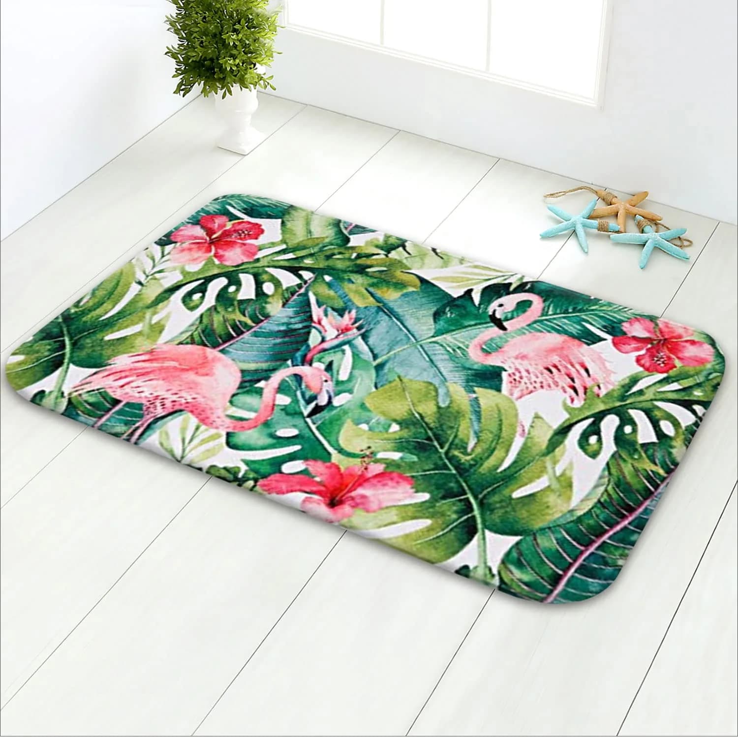 LIVILAN Tropical Leaf Bathroom Rug 40cm x 60cm | Soft Memory Foam, Quick Dry, Non-Slip PVC Backing - main product image