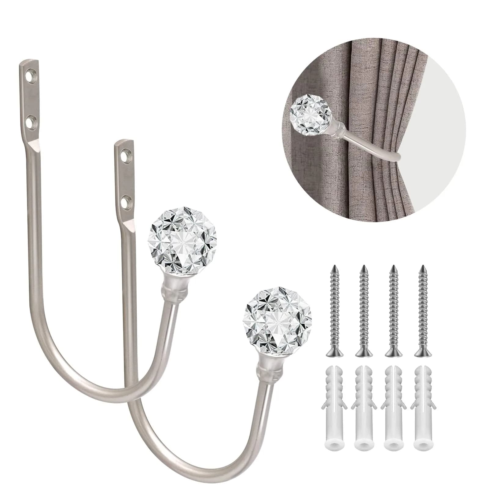 KOLAKO Crystal Ball Curtain Holdbacks, U Shaped Wall Mounted Drapery Hooks with Crystal Ball, 2-Pack Silver - main product image