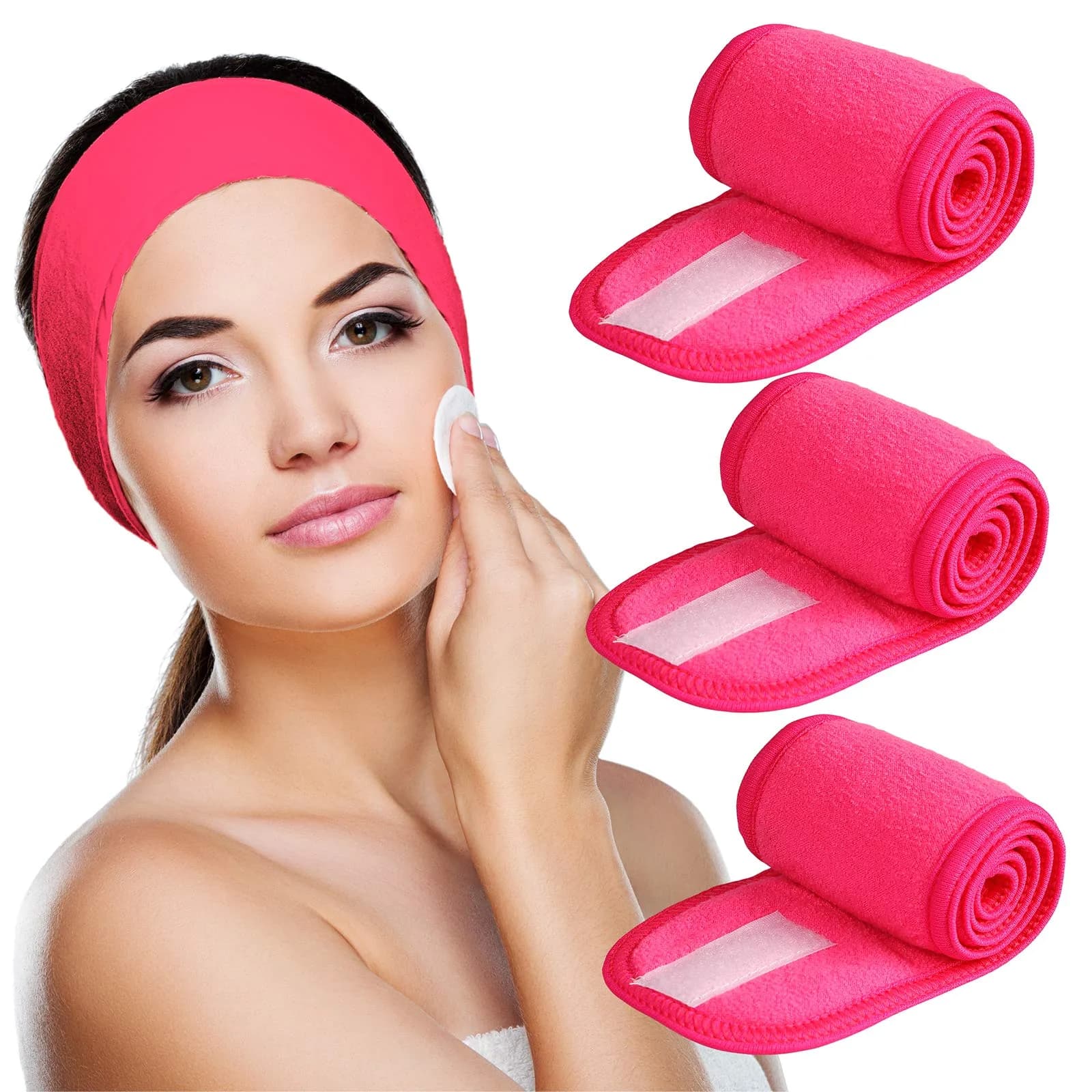 Denfany Soft Terry Cloth Spa Headband 25cm (8.5cm Wide) | Adjustable & Absorbent for Face Washing & Yoga — Rose+Rose+Rose