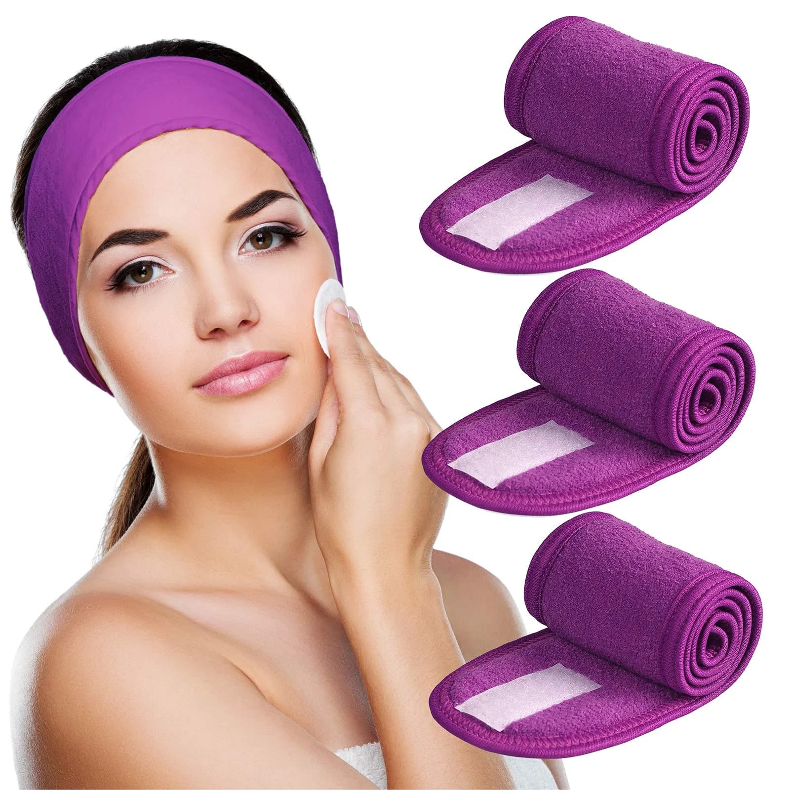 Denfany Soft Terry Cloth Spa Headband 25cm (8.5cm Wide) | Adjustable & Absorbent for Face Washing & Yoga — Purple+Purple+Purple