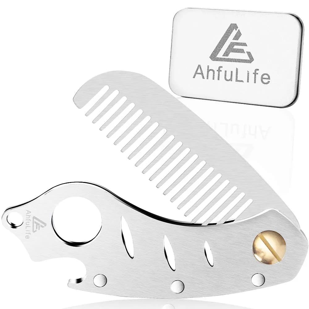 AhfuLife Stainless Steel Hair & Beard Comb | Anti-Static, Portable, Gift Boxed (15*3.6cm open, 9*3.6cm closed, 60g)