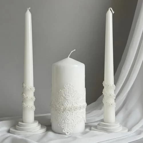 Magik Life Lace Elegance Unity Candle Set for Wedding & Reception | White Pearl Decor, 6" Pillar & Two 10" Taper Candles thumbnail 1