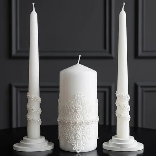 Magik Life Lace Elegance Unity Candle Set for Wedding & Reception | White Pearl Decor, 6" Pillar & Two 10" Taper Candles thumbnail 4