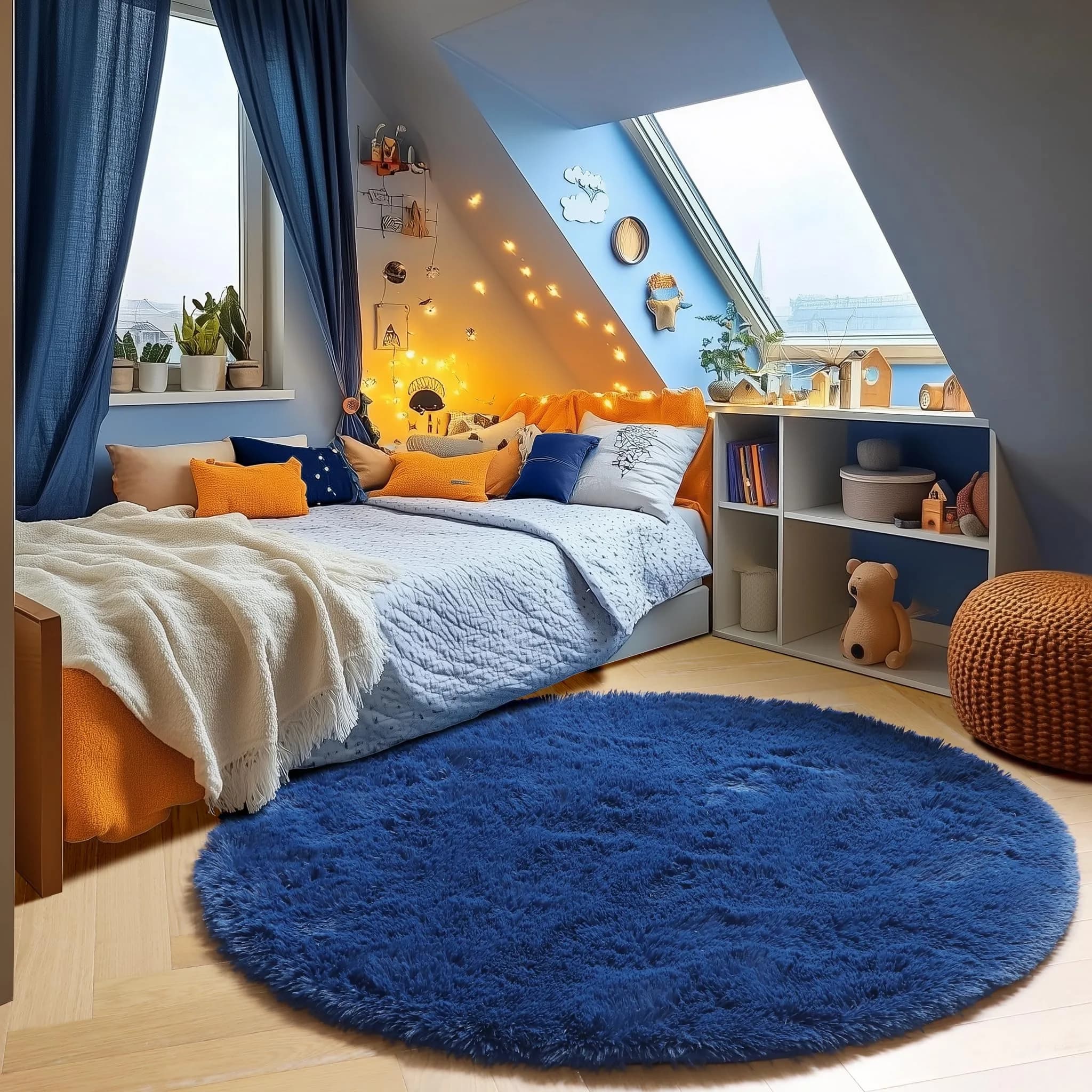 ONASAR Cream White Round Area Rug 6ft | Fluffy Plush Floor Mat for Kids & Home (100-120c) — Navy Blue / 4' (Round)