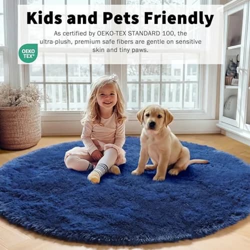 ONASAR Navy Blue Fluffy Round Rug 4ft | Soft Plush Kids Bedroom Decor thumbnail 5