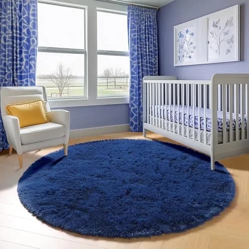 ONASAR Navy Blue Fluffy Round Rug 4ft | Soft Plush Kids Bedroom Decor thumbnail 7
