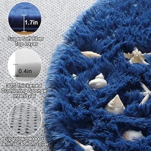 ONASAR Navy Blue Fluffy Round Rug 4ft | Soft Plush Kids Bedroom Decor thumbnail 2
